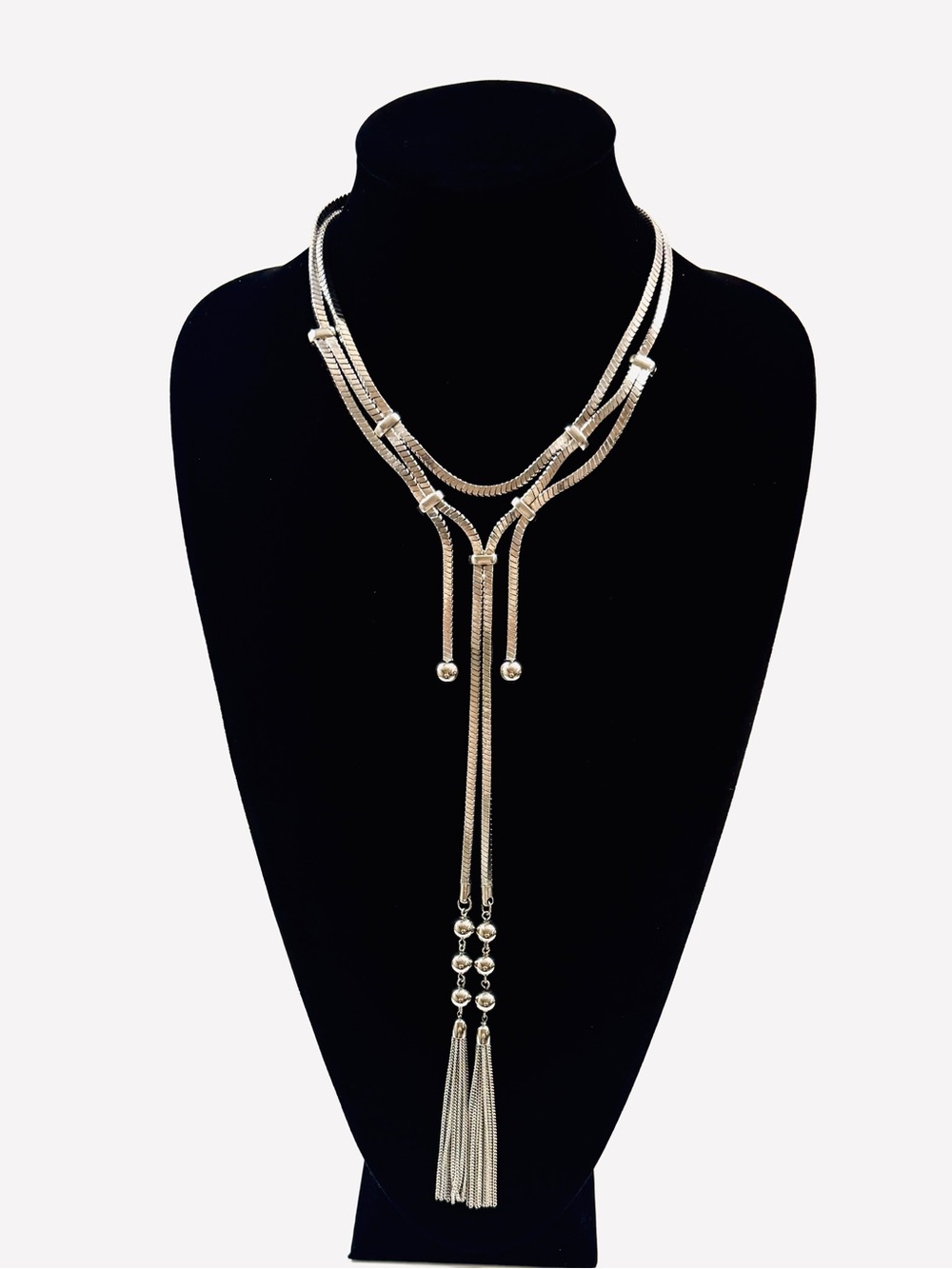 Chico’s Silver Layered Lariat Tassel Necklace 36” New - Picture 5 of 6
